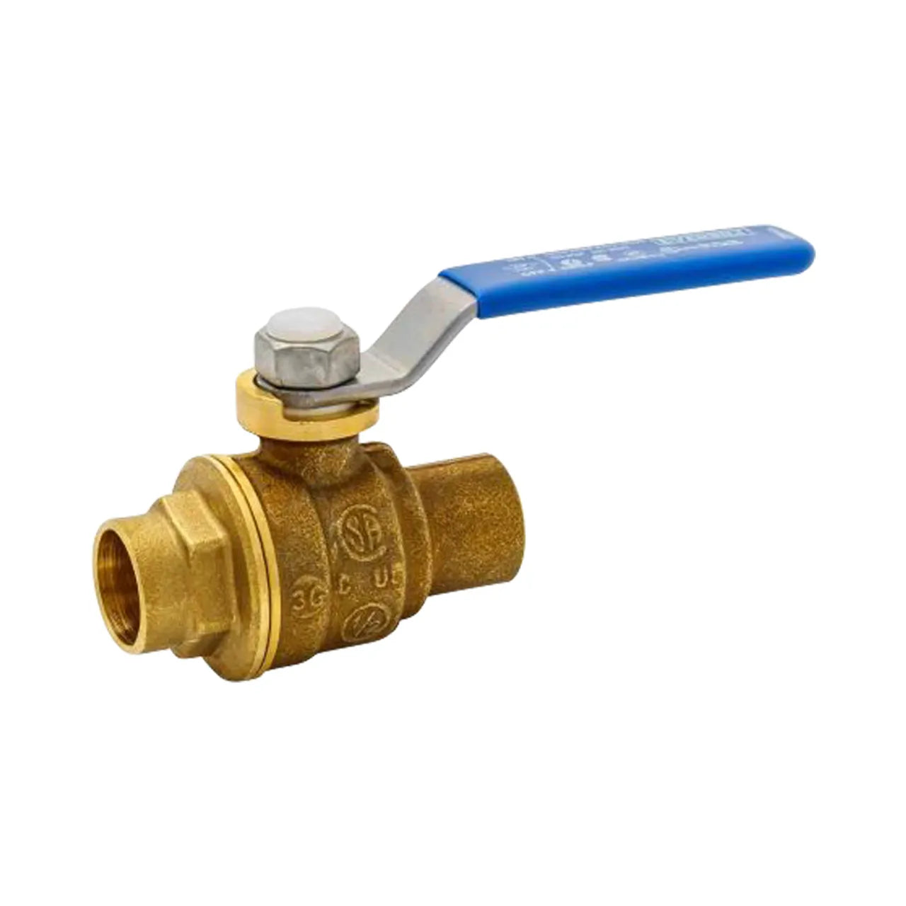 The 1/2 in. Brass C x C Full Port Ball Valve by Go Build, The Fastest Way To Build, controls water or gas flow in plumbing and industrial systems. It features a blue lever handle and meets ANSI B16.18 standards.